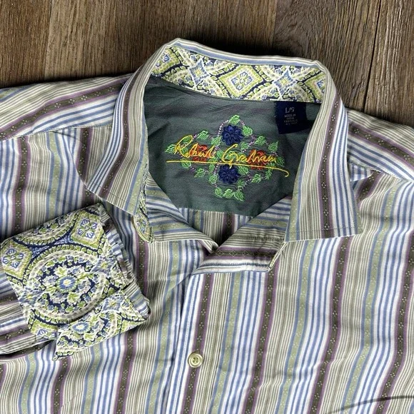 Robert Graham Button Down Shirt Mens Large Flip Cuffs Green Floral Long Sleeve - Picture 1 of 5